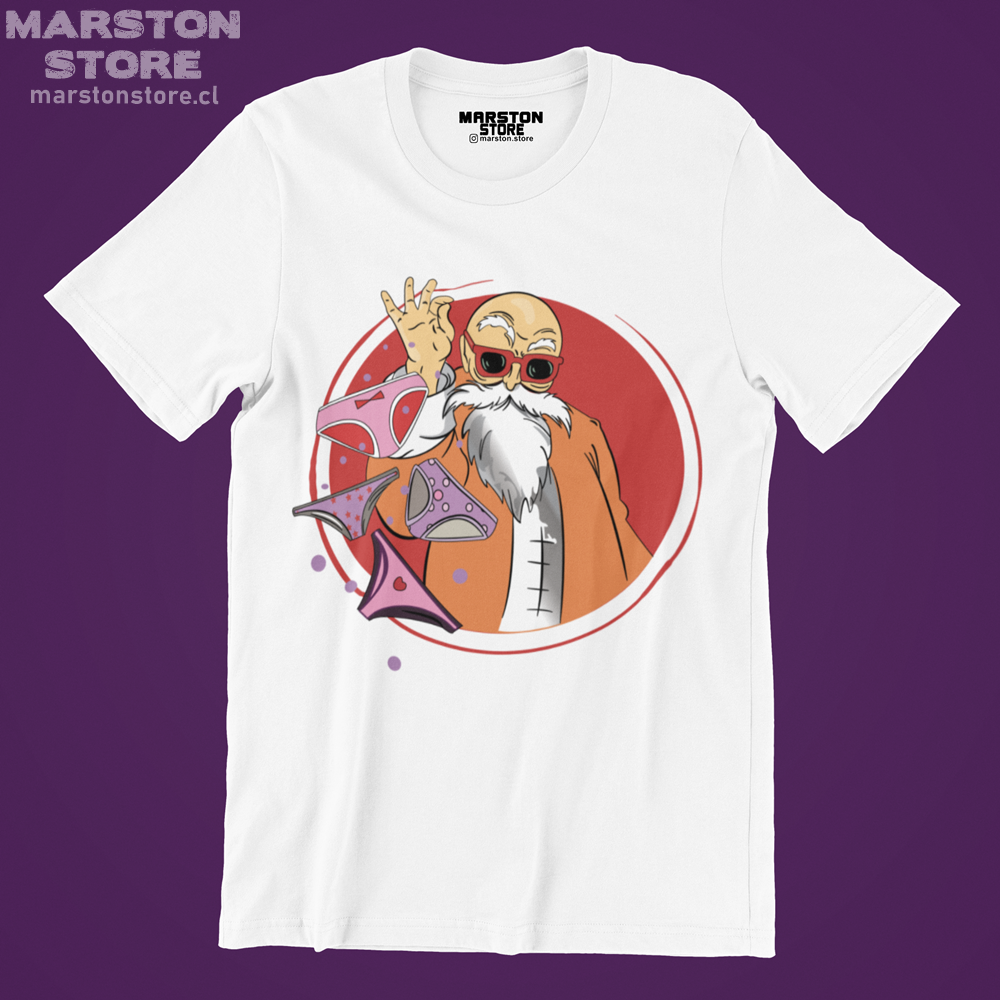 Polera blanca Dragon Ball con diseño de Maestro Roshi