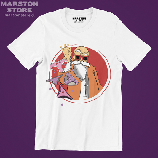 Polera blanca Dragon Ball con diseño de Maestro Roshi
