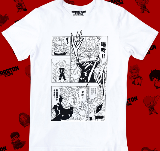 Polera blanca Dragon Ball con diseño de Vegeta