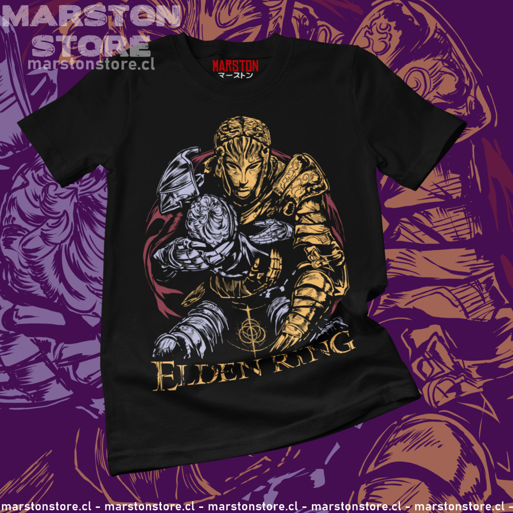 Polera negra Elden Ring con diseño de Twinned Armor
