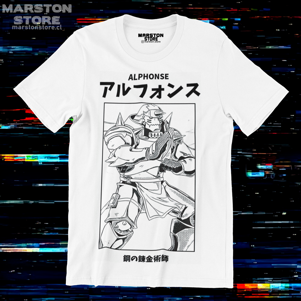 Polera blanca Fullmetal Alchemist con diseño de Alphonse Elric