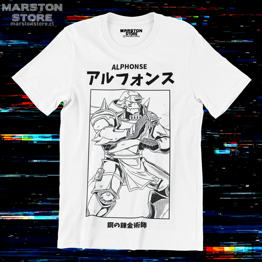 Polera blanca Fullmetal Alchemist con diseño de Alphonse Elric