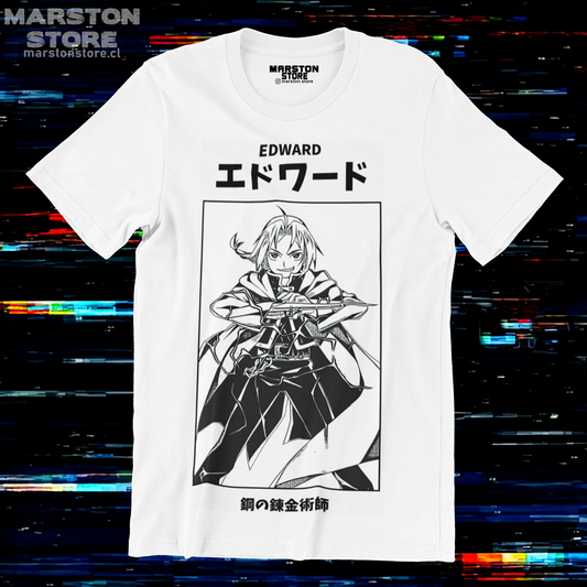 Polera blanca Fullmetal Alchemist con diseño de Edward Elric