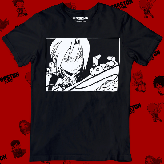 Polera negra Fullmetal Alchemist con diseño de Edward Elric