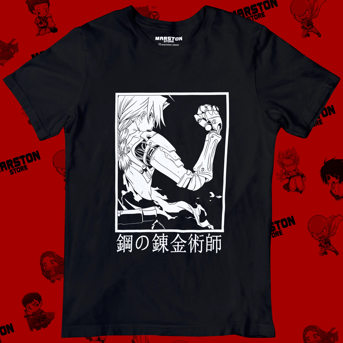 Polera negra Fullmetal Alchemist con diseño de Edward Elric