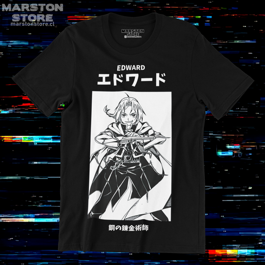 Polera negra Fullmetal Alchemist con diseño de Edward Elric