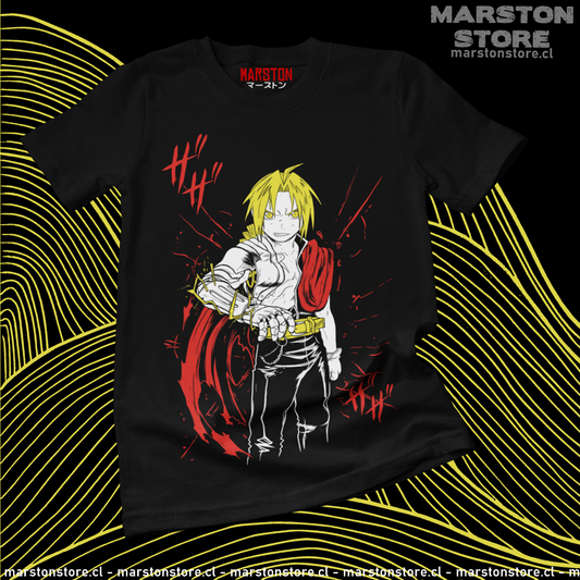 Polera negra Fullmetal Alchemist con diseño de Edward Elric