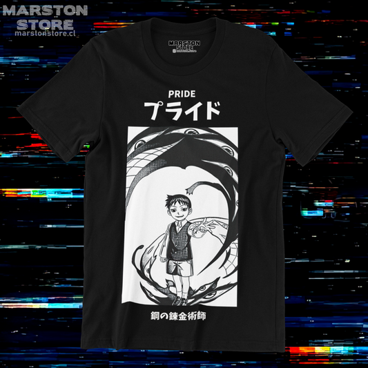 Polera negra Fullmetal Alchemist con diseño de Orgullo
