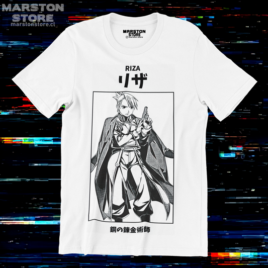 Polera blanca Fullmetal Alchemist con diseño de Riza Hawkeye