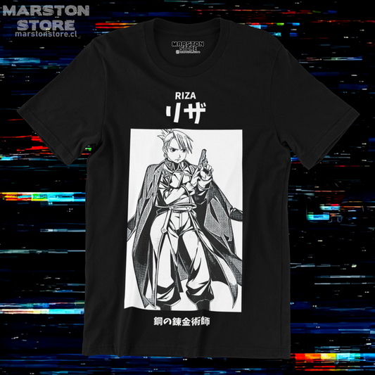 Polera negra Fullmetal Alchemist con diseño de Riza Hawkeye