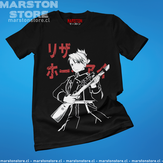 Polera negra Fullmetal Alchemist con diseño de Riza Hawkeye