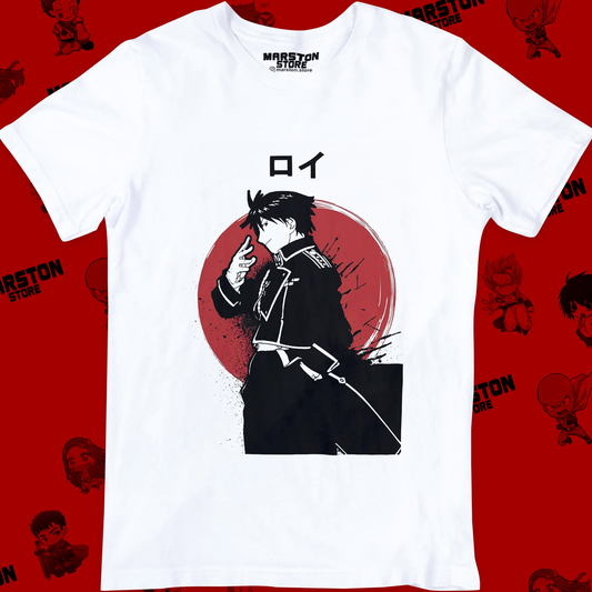 Polera blanca Fullmetal Alchemist con diseño de Roy Mustang