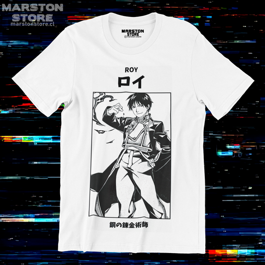 Polera blanca Fullmetal Alchemist con diseño de Roy Mustang
