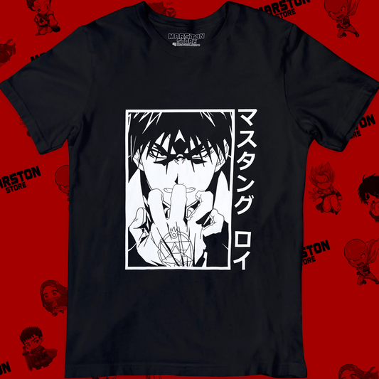 Polera negra Fullmetal Alchemist con diseño de Roy Mustang