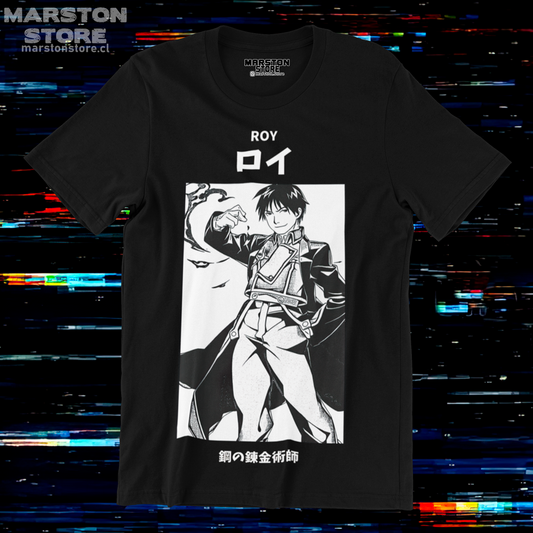 Polera negra Fullmetal Alchemist con diseño de Roy Mustang