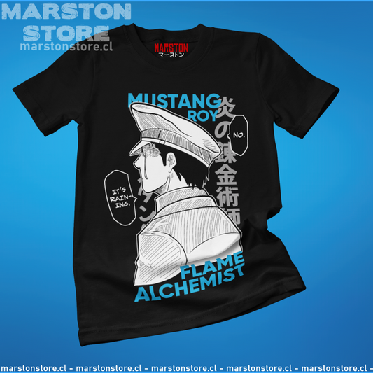 Polera negra Fullmetal Alchemist con diseño de Roy Mustang