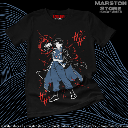 Polera negra Fullmetal Alchemist con diseño de Roy Mustang
