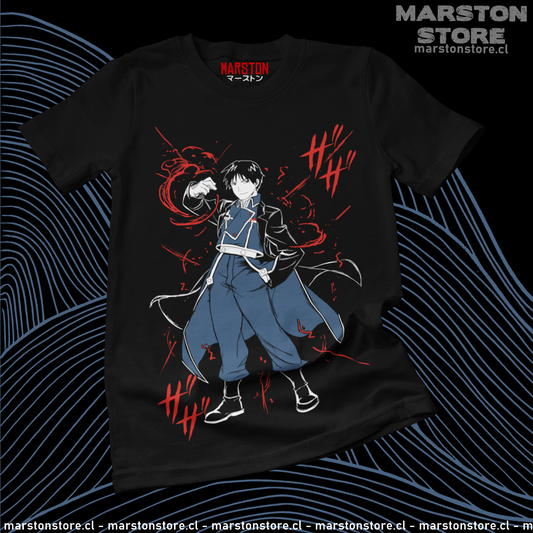 Polera negra Fullmetal Alchemist con diseño de Roy Mustang
