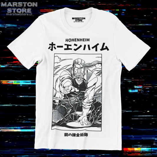 Polera blanca Fullmetal Alchemist con diseño de Van Hohenheim