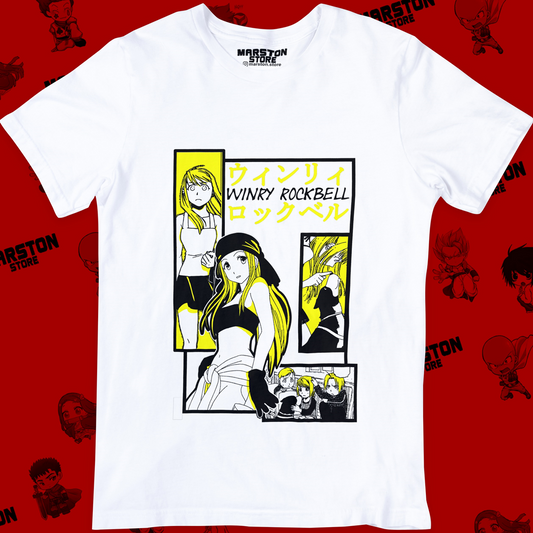 Polera blanca Fullmetal Alchemist con diseño de Winry Rockbell