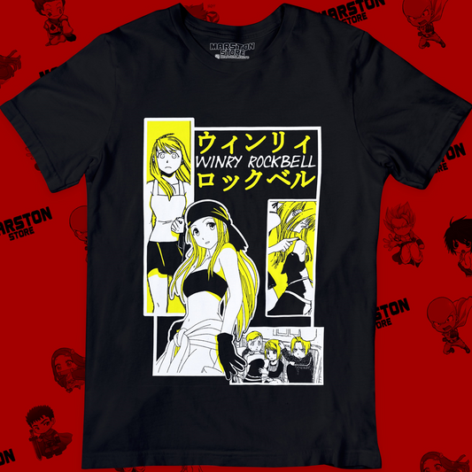 Polera negra Fullmetal Alchemist con diseño de Winry Rockbell