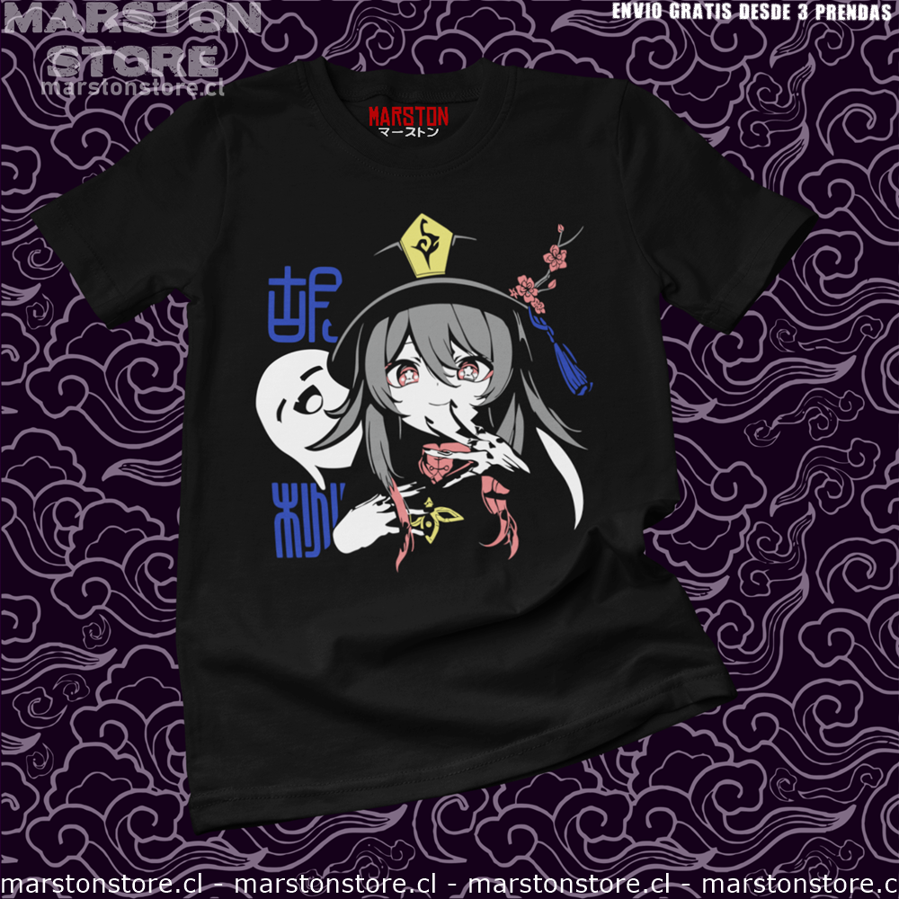 Polera negra Genshin Impact con diseño de Hu Tao