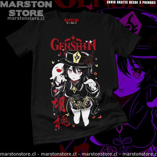 Polera negra Genshin Impact con diseño de Hu Tao