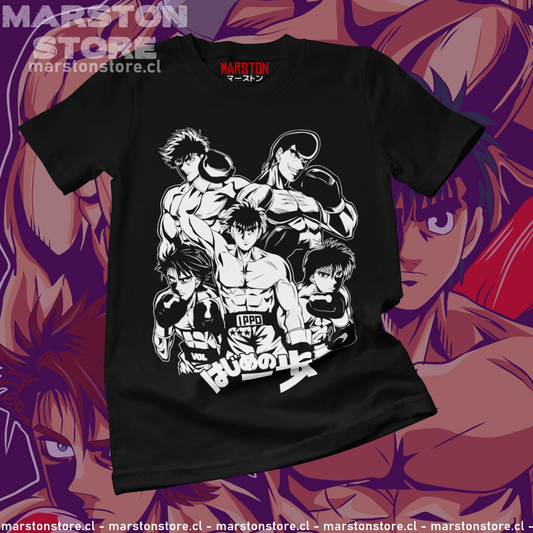 Polera negra Hajime no Ippo con Ippo Makunouchi y otros boxeadores de la serie en diseño monocromático
