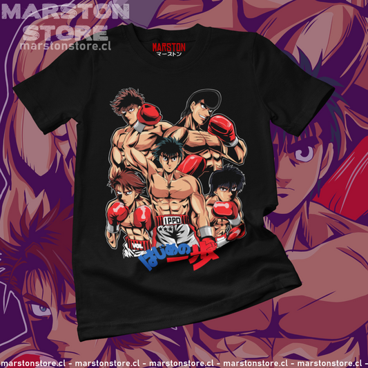 Polera negra Hajime no Ippo con Ippo Makunouchi y otros boxeadores de la serie