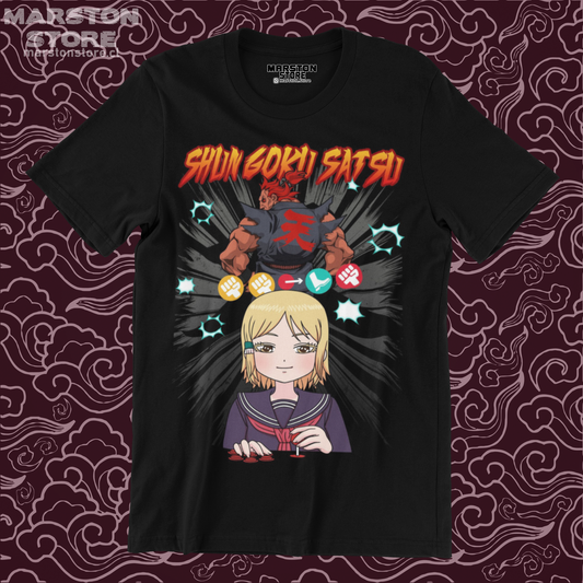 Polera negra crossover High Score Girl y Street Fighter con Koharu Hidaka y Akuma