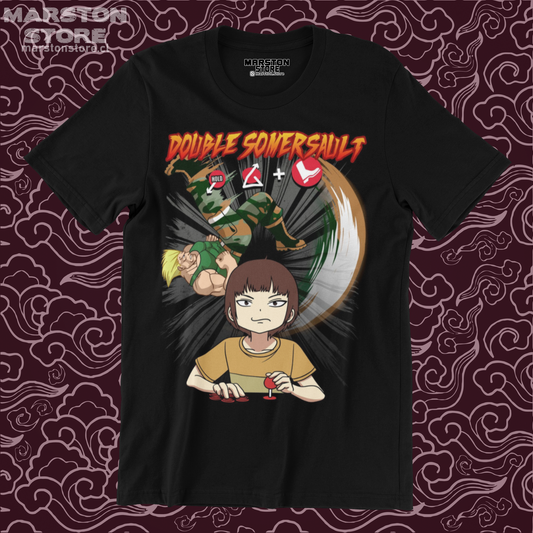 Polera negra crossover High Score Girl y Street Fighter con Yaguchi Haruo y Guile