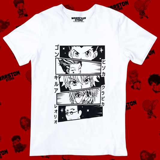 Polera blanca con diseño de Hunter x Hunter