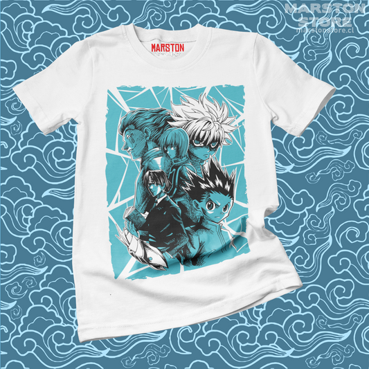 Polera blanca con diseño de Hunter x Hunter