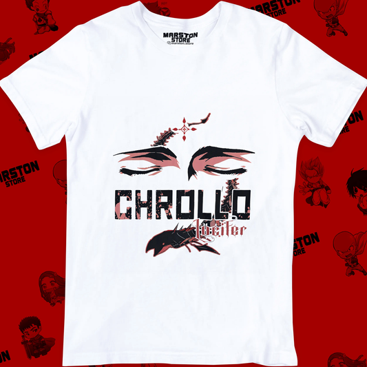 Polera blanca Hunter x Hunter con diseño de Chrollo Lucilfer