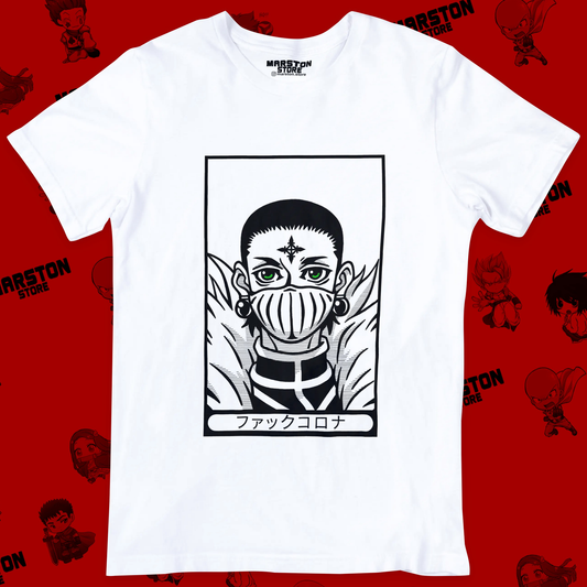 Polera blanca Hunter x Hunter con diseño de Chrollo Lucilfer