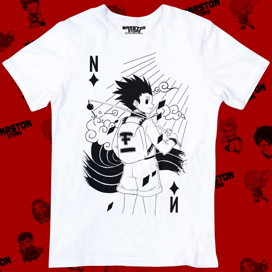 Polera blanca Hunter x Hunter con diseño de Gon Freecss