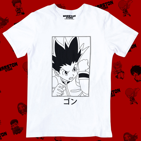Polera blanca Hunter x Hunter con diseño de Gon Freecss