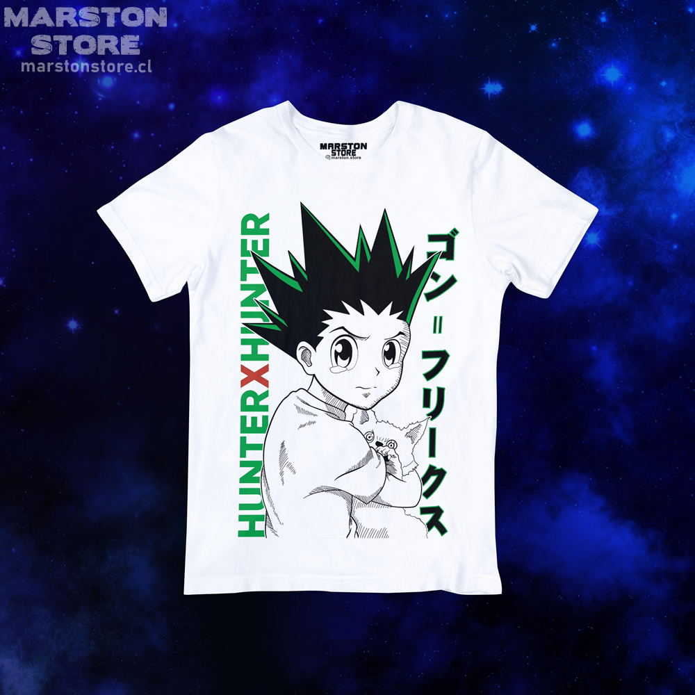 Polera blanca Hunter x Hunter con diseño de Gon Freecss