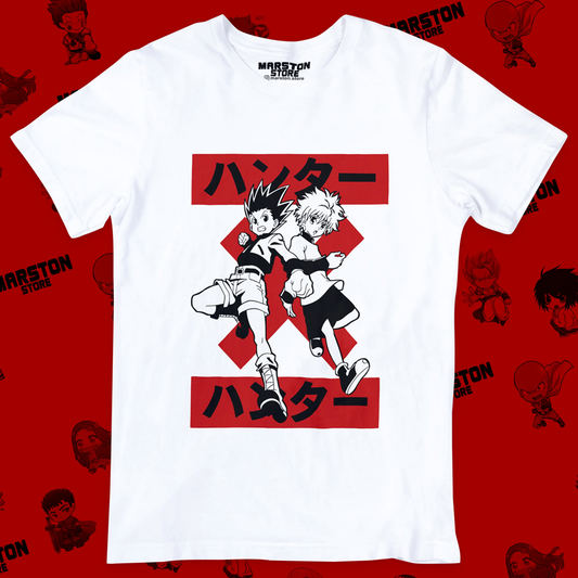 Polera blanca Hunter x Hunter con Gon Freecss y Killua Zoldyck
