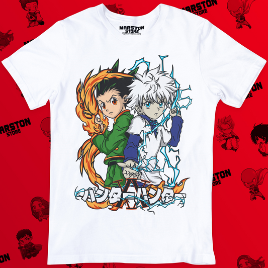 Polera blanca Hunter x Hunter con Gon Freecss y Killua Zoldyck