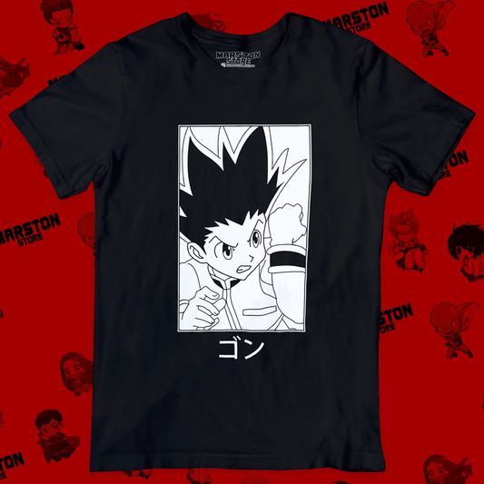 Polera negra Hunter x Hunter con diseño de Gon Freecss