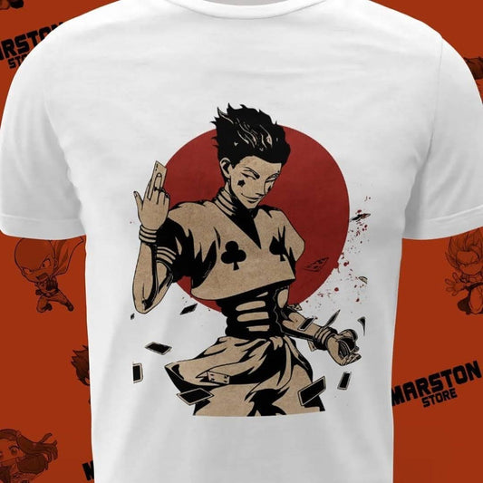 Polera blanca Hunter x Hunter con diseño de Hisoka Morow