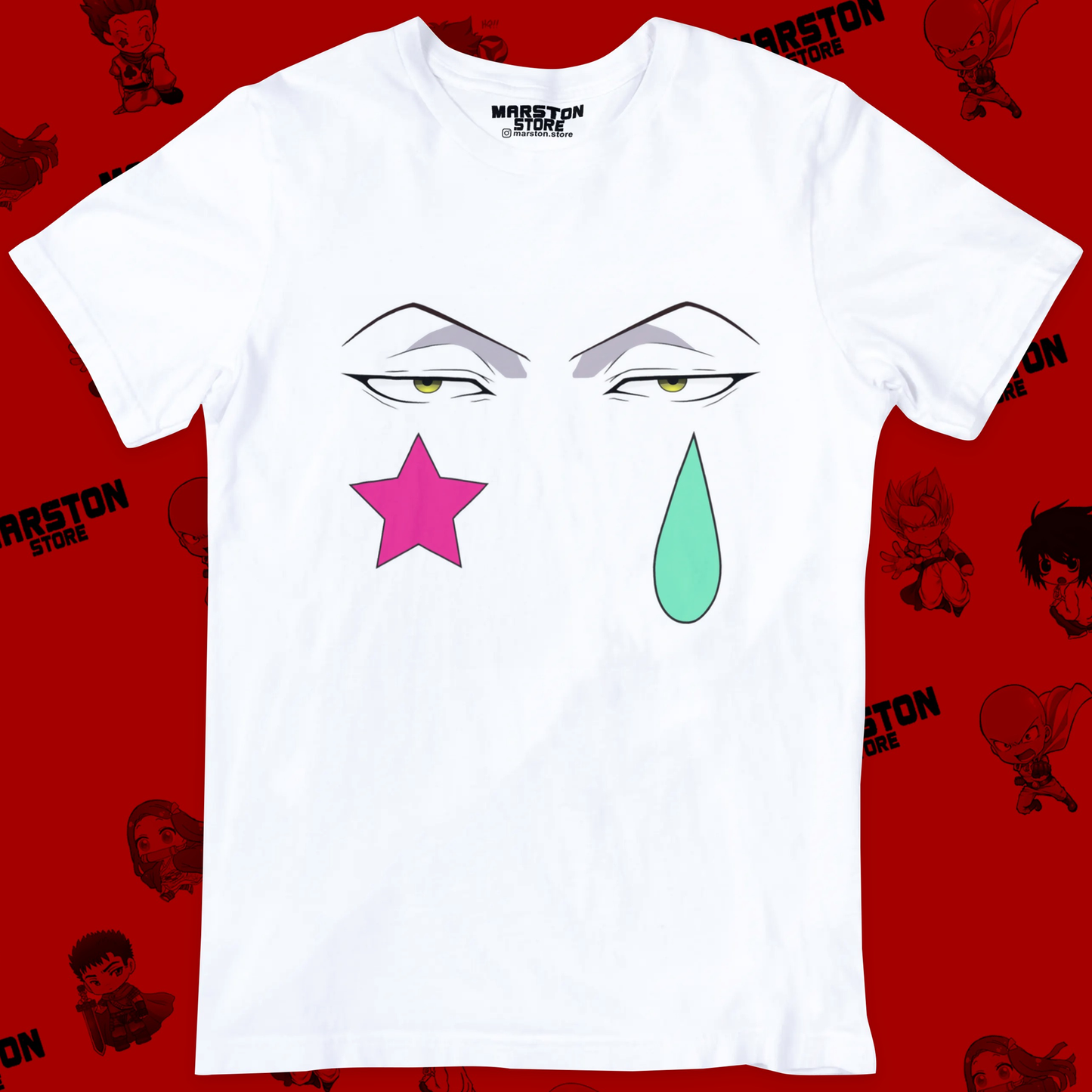 Polera blanca Hunter x Hunter con diseño de Hisoka Morow