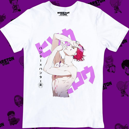 Polera blanca Hunter x Hunter con diseño de Hisoka Morow