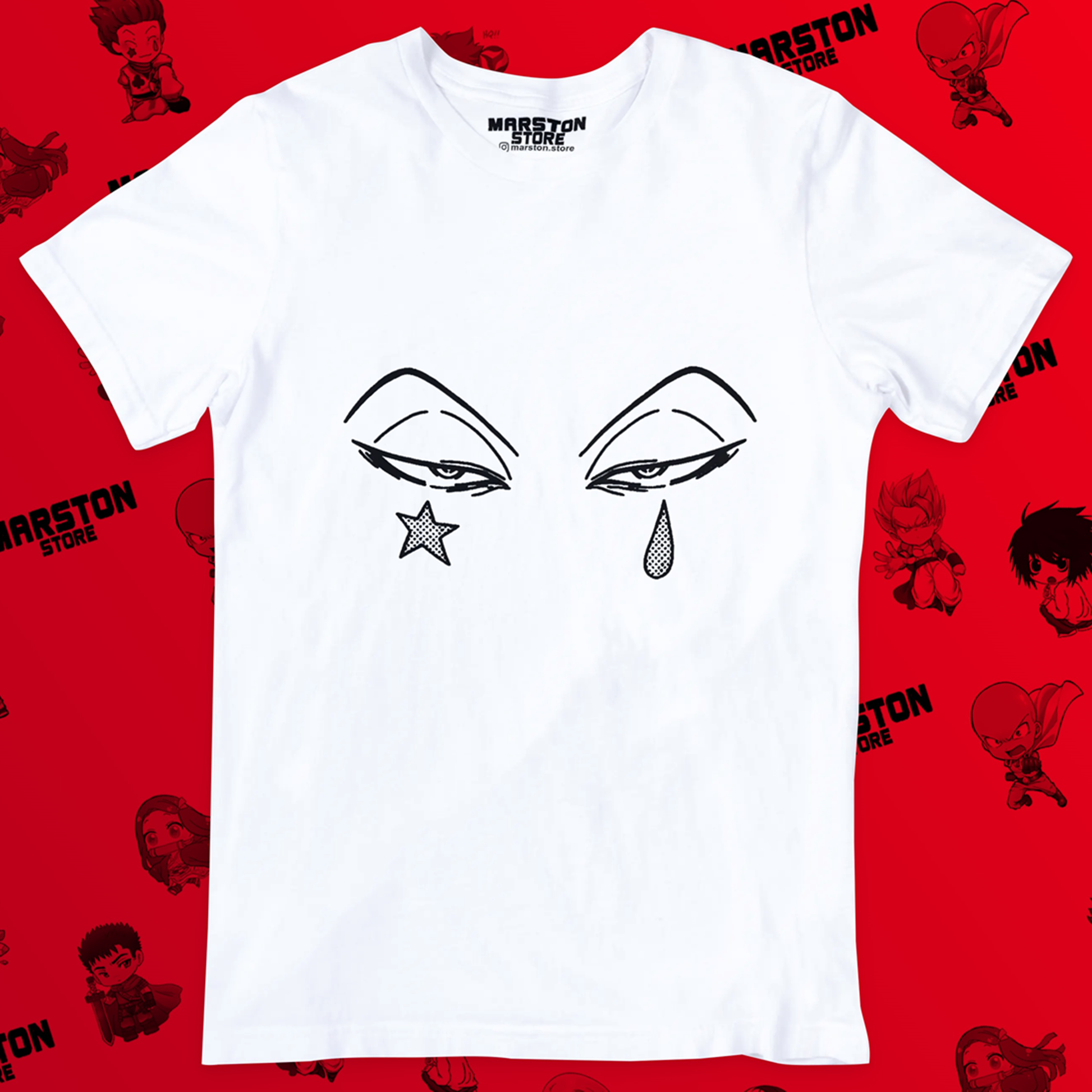 Polera blanca Hunter x Hunter con diseño de Hisoka Morow