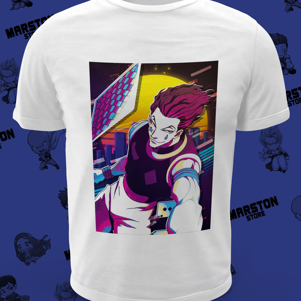 Polera blanca Hunter x Hunter con diseño de Hisoka Morow