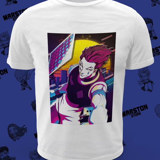 Polera blanca Hunter x Hunter con diseño de Hisoka Morow