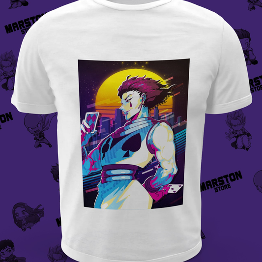 Polera blanca Hunter x Hunter con diseño de Hisoka Morow