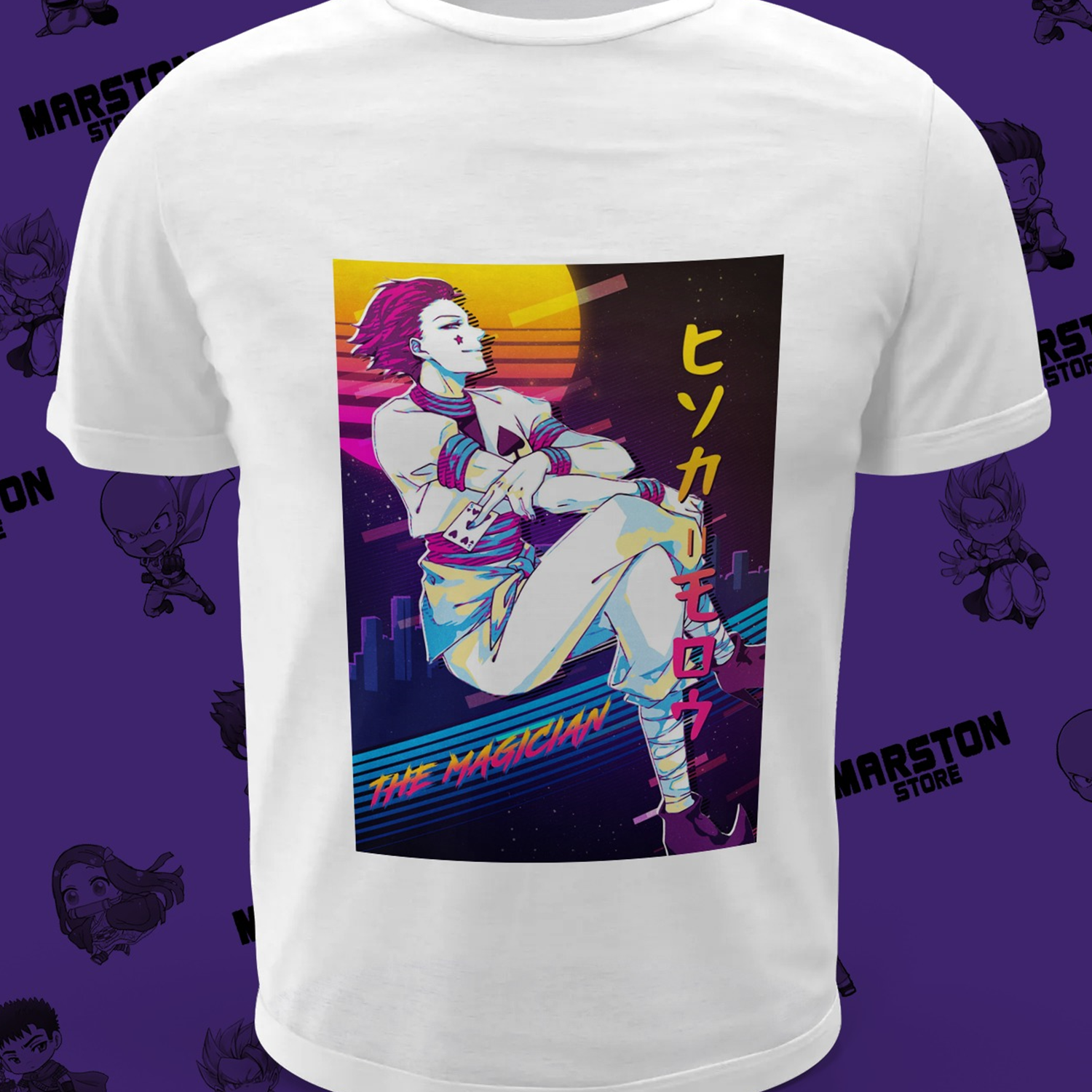 Polera blanca Hunter x Hunter con diseño de Hisoka Morow