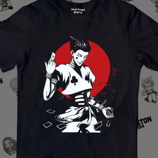 Polera negra Hunter x Hunter con diseño de Hisoka Morow